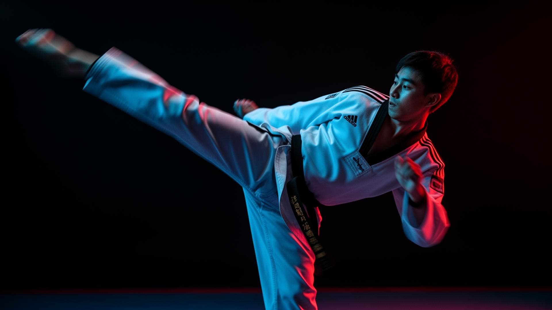 Atleta de Taekwondo executando um chute giratório